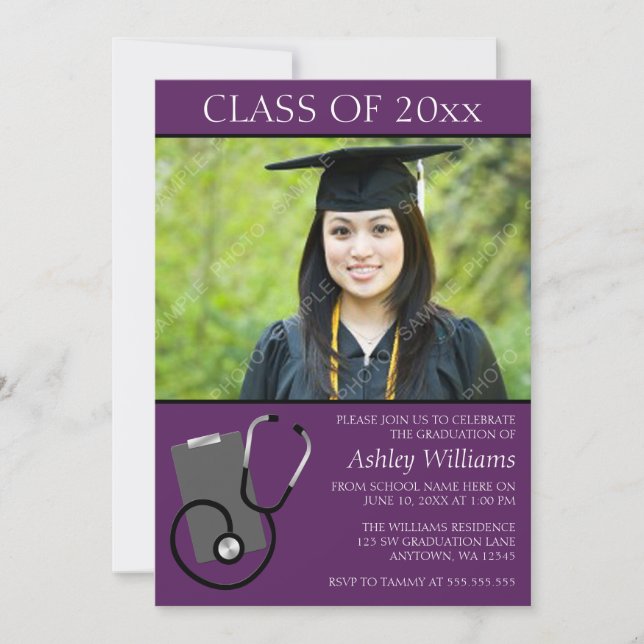 Invitación Graduación púrpura de la foto de la escuela de (Anverso)