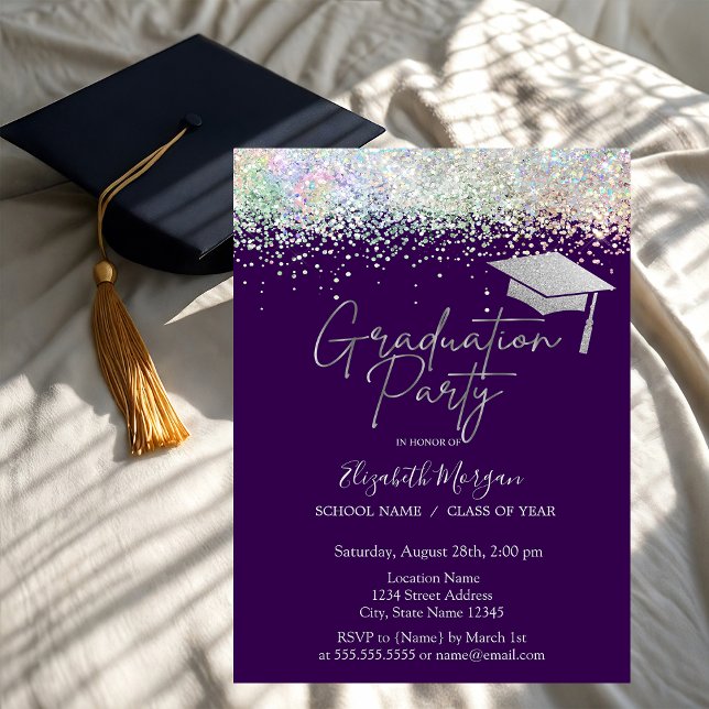 Invitación Graduación púrpura Grad Cap Tassel Confetti (Subido por el creador)