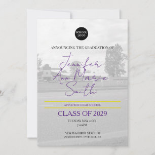 Invitación Graduación púrpura personalizado con foto trasera
