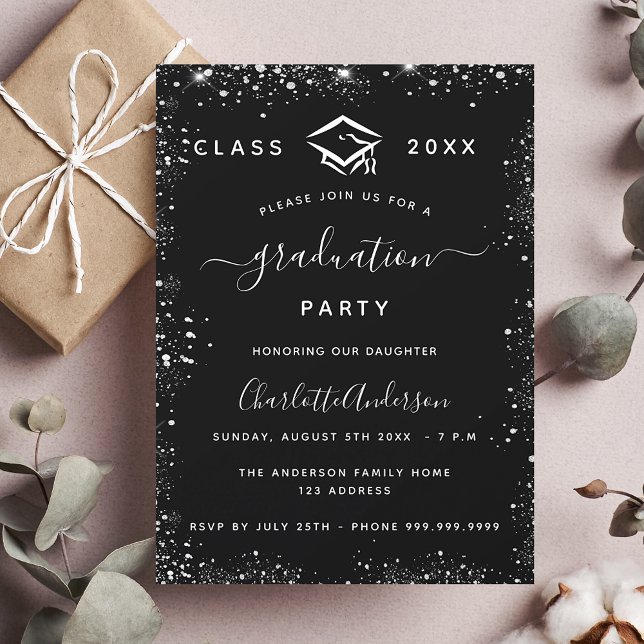 Invitación Graduación purpurina de plata negra glamoroso (Subido por el creador)