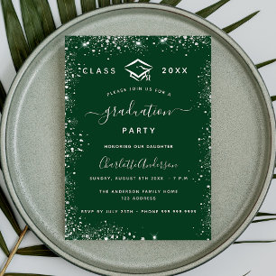Invitación Graduación purpurina de plata verde glamoroso