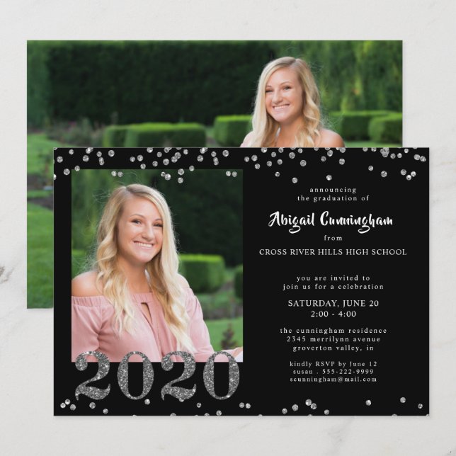 Invitación Graduación Purpurina Plata Confetti Negro (Anverso / Reverso)