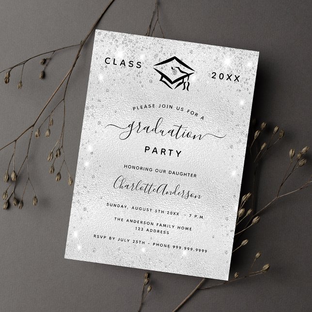 Invitación Graduación purpurina plateado moderno elegante 202 (Subido por el creador)
