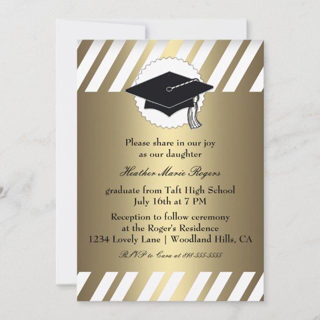 Invitación Graduación rayada blanca Inivitation del oro (Anverso)