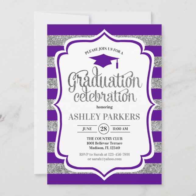 Invitación Graduación - Rayas de plata morada (Anverso)