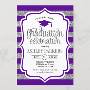 Invitación Graduación - Rayas de plata morada