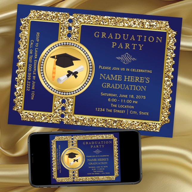 Invitación Graduación Real Azul y Oro (Royal blue and gold graduation party invitation. Instant download file and printed invites available)