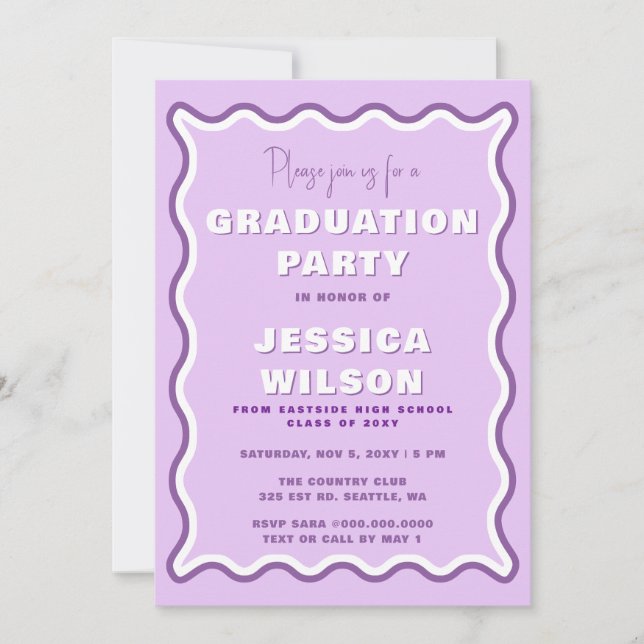 Invitación Graduación Retro Cute Wavy Purple Photo Graduation (Anverso)