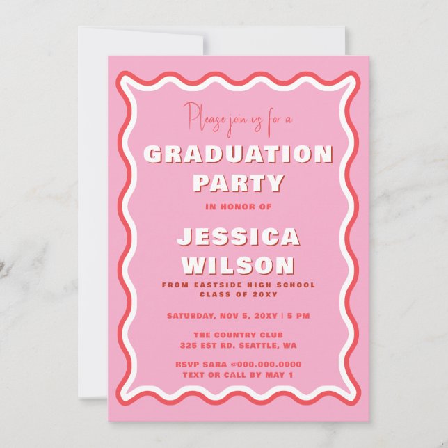 Invitación Graduación Retro Cute Wavy Rosa de Foto (Anverso)