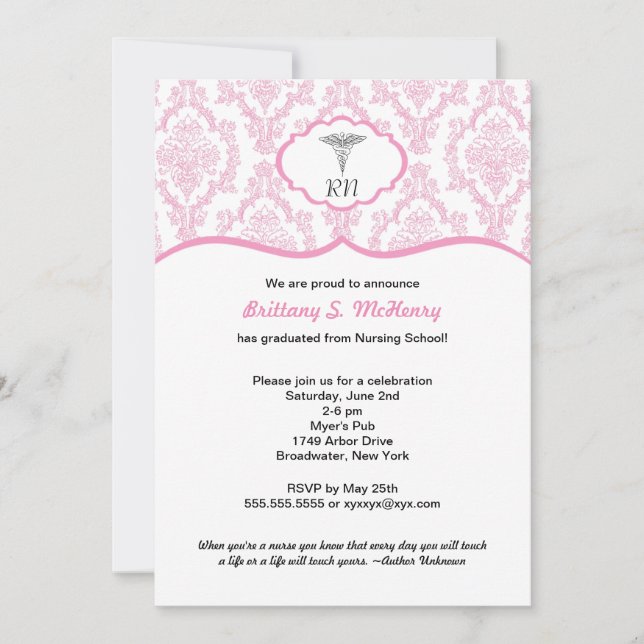 Invitación Graduación RN de la escuela de enfermería del rosa (Anverso)