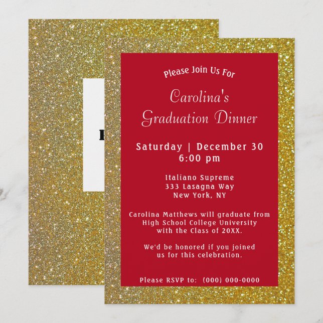 Invitación Graduación roja de la cena de oro (Anverso / Reverso)