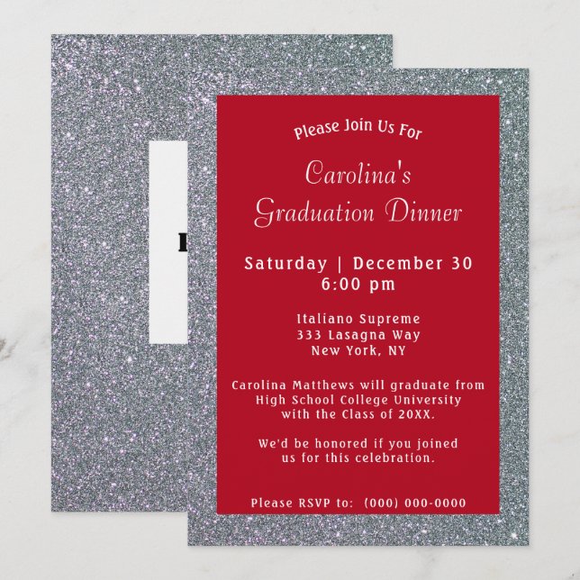 Invitación Graduación roja de la cena de plata (Anverso / Reverso)