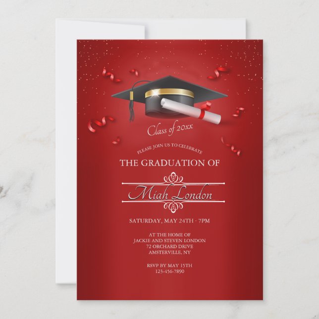 Invitación Graduación roja de rubí (Anverso)