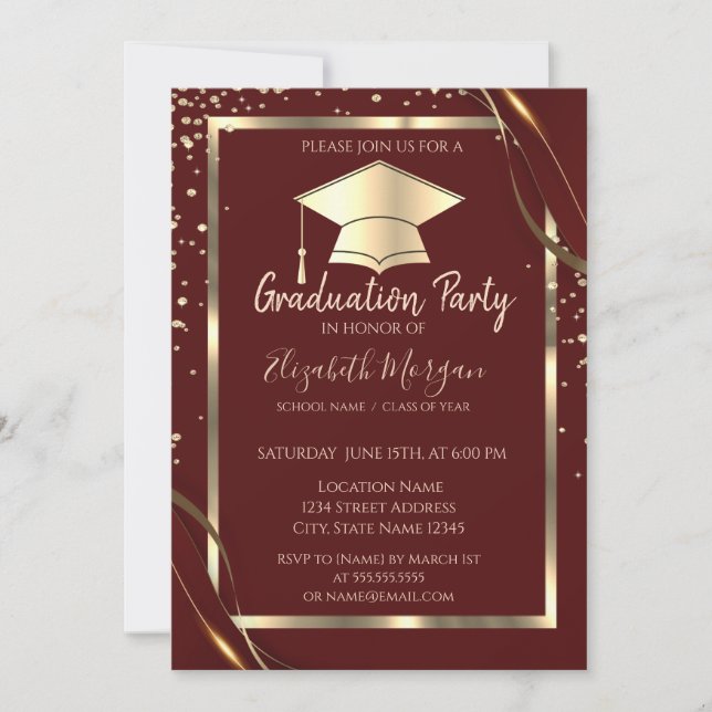Invitación Graduación roja del marco dorado del marco de los  (Anverso)