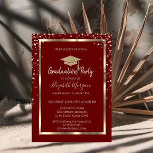 Invitación Graduación roja del tapón de oro de los diamantes