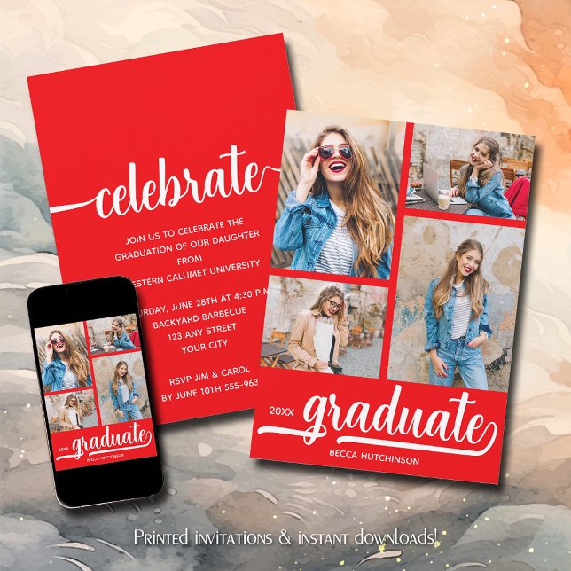Invitación Graduación roja moderna de 4 Collages de fotos (Modern 4 photo collage red graduation party invitations)