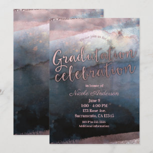 Invitación Graduación Rosa Áurea Azul Acuarela Moderna