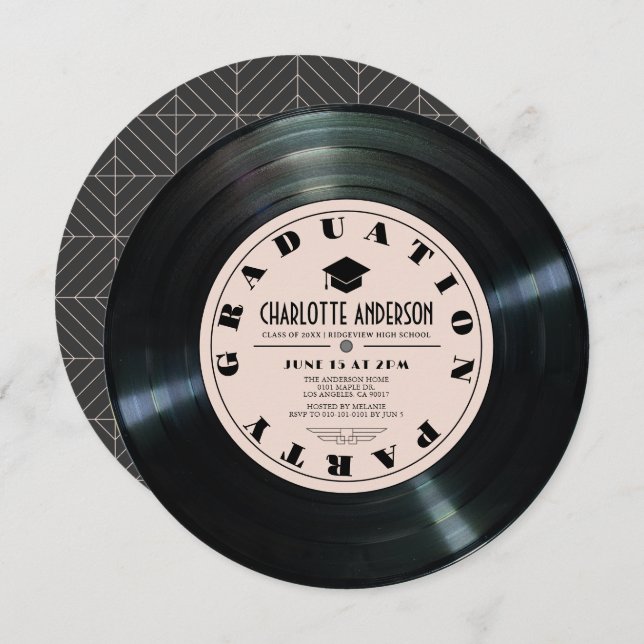 Invitación Graduación rosa del registro de vinilo retro (Anverso / Reverso)