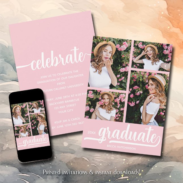 Invitación Graduación rosa moderna de 4 Collages de fotos (Modern 4 photo collage pink graduation party invitations)