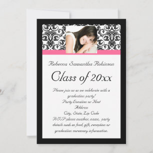 Invitación Graduación rosa y negra de Fushcia Damask
