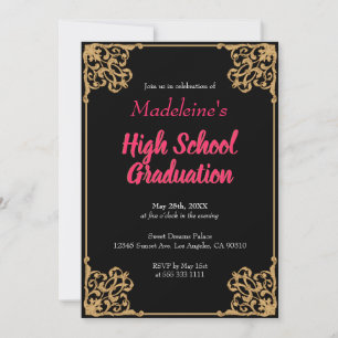 Invitación Graduación rosada del marco barroco del dorado neg