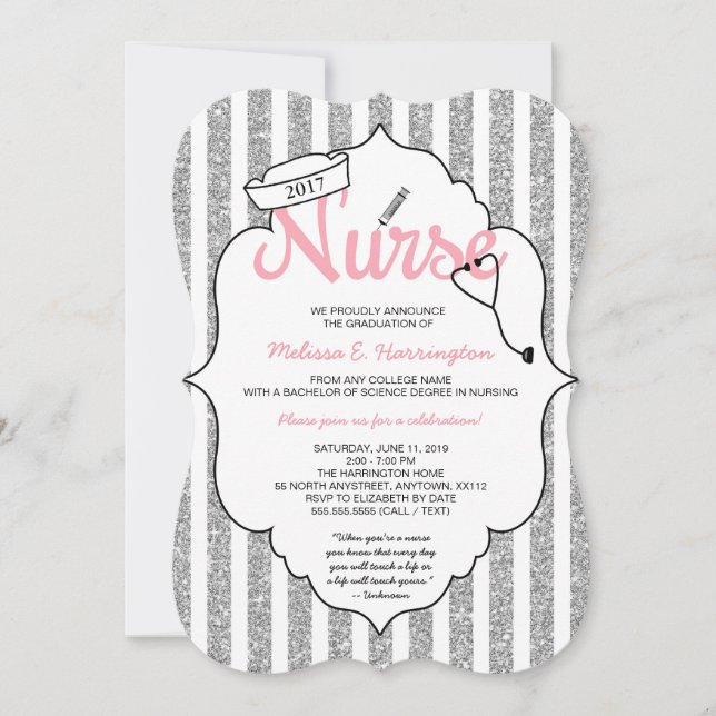 Invitación Graduación rosada RN de la enfermera del purpurina (Anverso)
