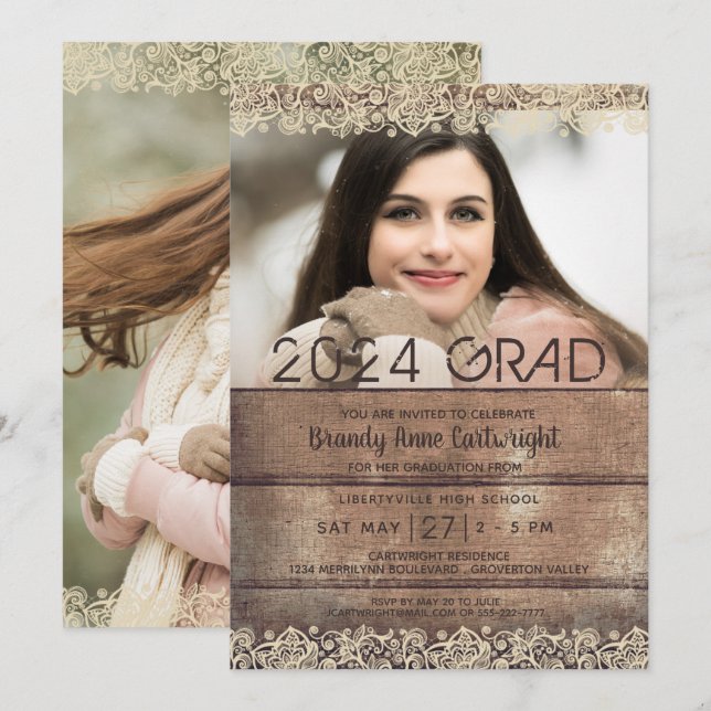 Invitación Graduación Rustic Country Wood and Lace Two Photo (Anverso / Reverso)
