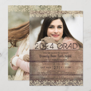 Invitación Graduación Rustic Country Wood and Lace Two Photo