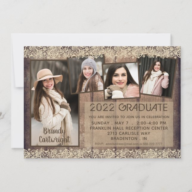 Invitación Graduación Rustic Country Wood Lace 5 Foto (Anverso)