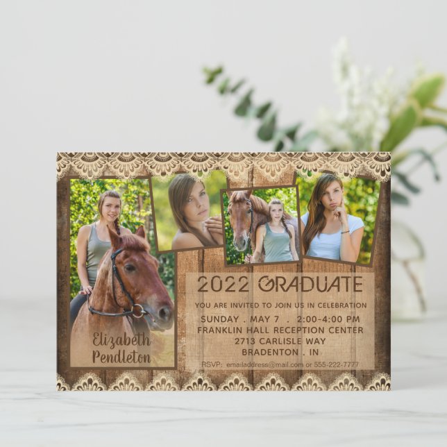 Invitación Graduación Rustic Country Wood Lace 5 Foto (Anverso de pie)