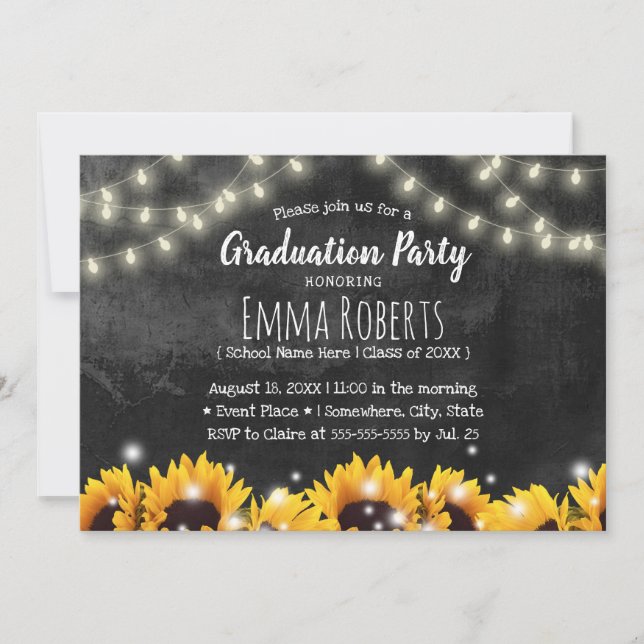 Invitación Graduación Rustic Sunflowers Chalkboard (Anverso)