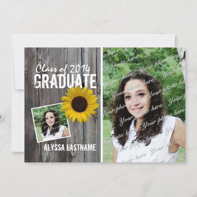Invitación Graduación Rustica de Barnwood y Girasol (Anverso)