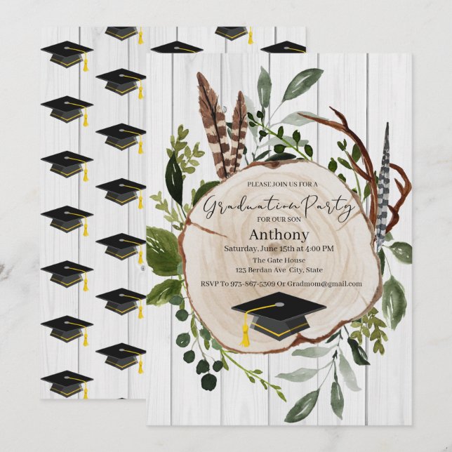 Invitación Graduación rústica de bosques (Anverso / Reverso)