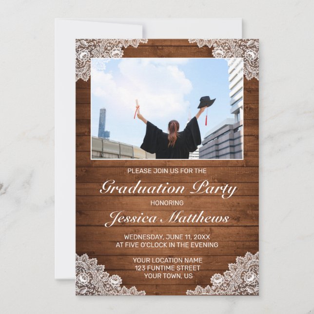 Invitación Graduación Rústica de fotos de madera y encaje bla (Anverso)