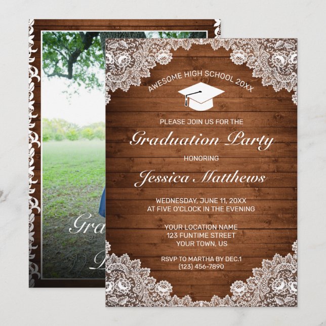 Invitación Graduación Rústica de fotos de madera y encaje bla (Anverso / Reverso)