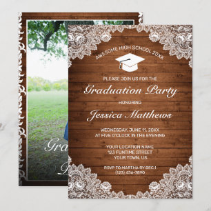 Invitación Graduación Rústica de fotos de madera y encaje bla