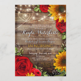 Invitación Graduación Rustica de Madera de Girasol y Rosas
