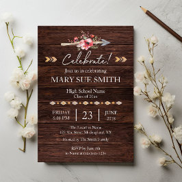 Invitación Graduación Rústica del Grano de Madera Floral Boho