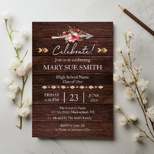 Invitación Graduación Rústica del Grano de Madera Floral Boho