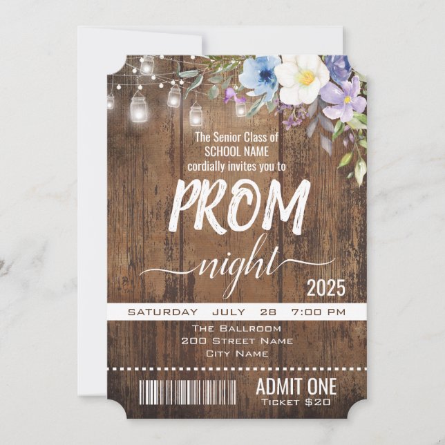 Invitación Graduación Rustica Floral Ticket Nocturno (Anverso)