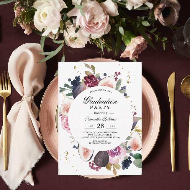 Invitación Graduación Rustica Moody Burgundy Floral & Berry (Subido por el creador)