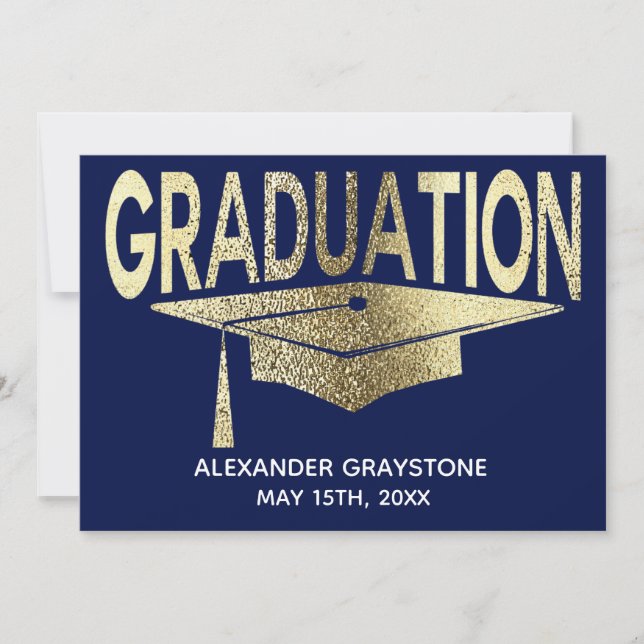 Invitación Graduación Salvar La Fecha Moderna Faux Gold Blue (Anverso)