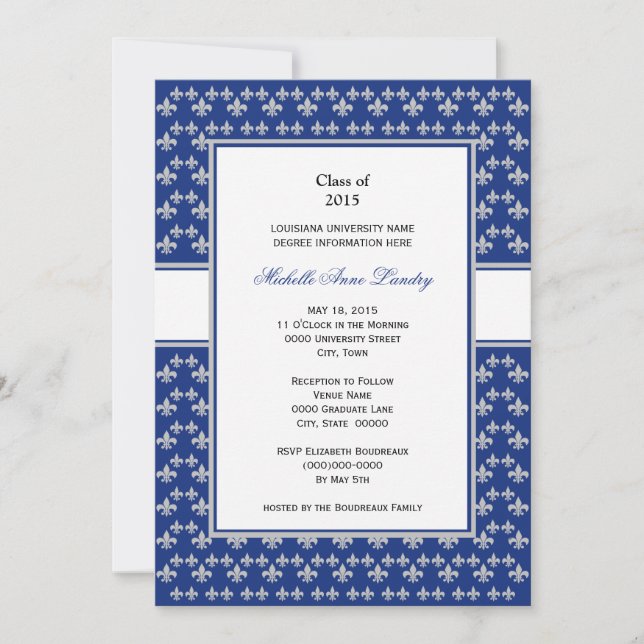 Invitación Graduación Silver y Royal Blue Fleur de Lis (Anverso)