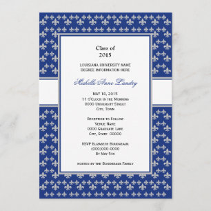 Invitación Graduación Silver y Royal Blue Fleur de Lis