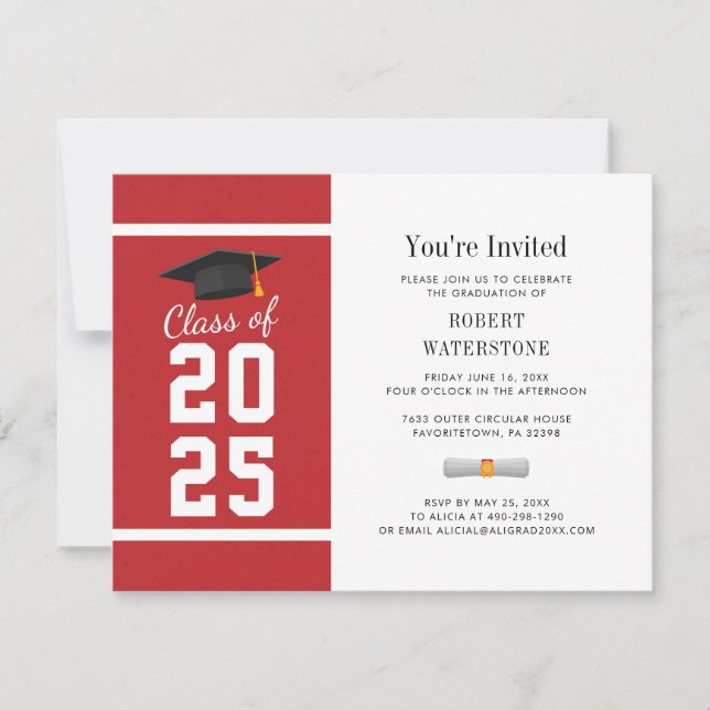Invitación Graduación simple 2023 Blanco Rojo moderno (Anverso)