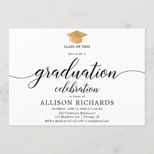 Invitación Graduación simple, caligrafía dorada blanca modern
