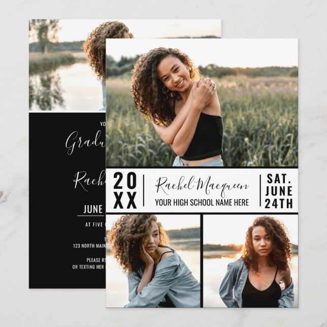 Invitación Graduación simple de cuadrícula fotográfica blanca (Anverso / Reverso)