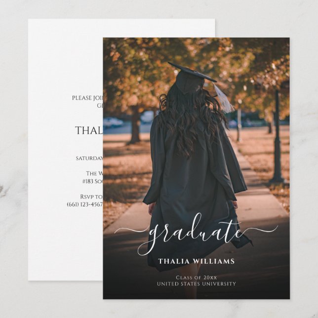 Invitación Graduación simple de fotos en blanco y negro (Anverso / Reverso)
