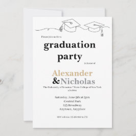 Invitación Graduación Simple de Gemelos con Gorra y Borla