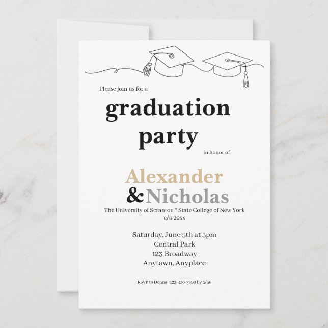 Invitación Graduación Simple de Gemelos con Gorra y Borla (Anverso)